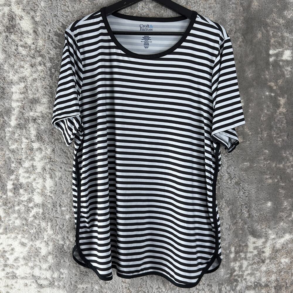 Croft Barrow Plus Size 1X Striped Top Black White Short Sleeve Round Neck